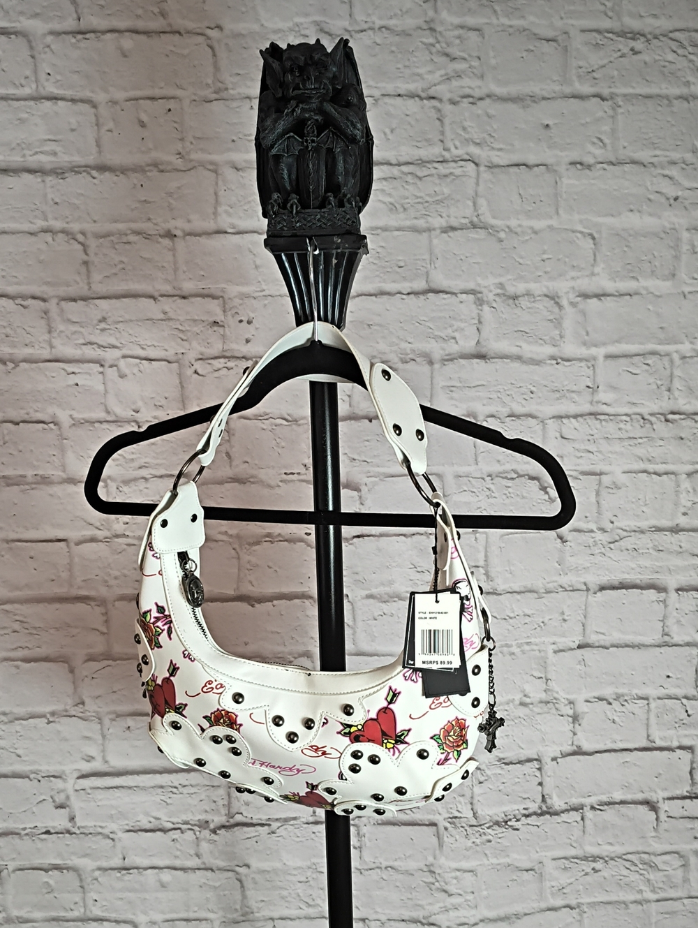 Ed Hardy White Floral Studded Shoulder Bag with Pink and Red Accents